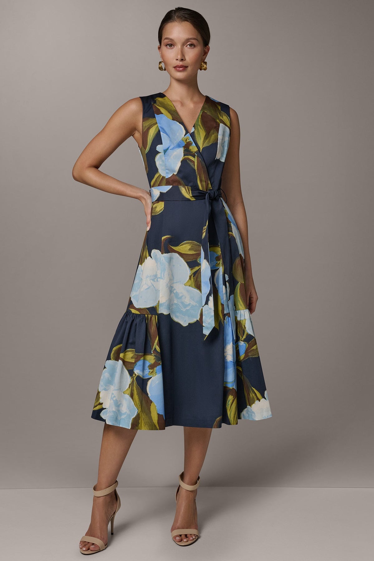 SLEEVELESS WRAP-EFFECT MIDI DRESS