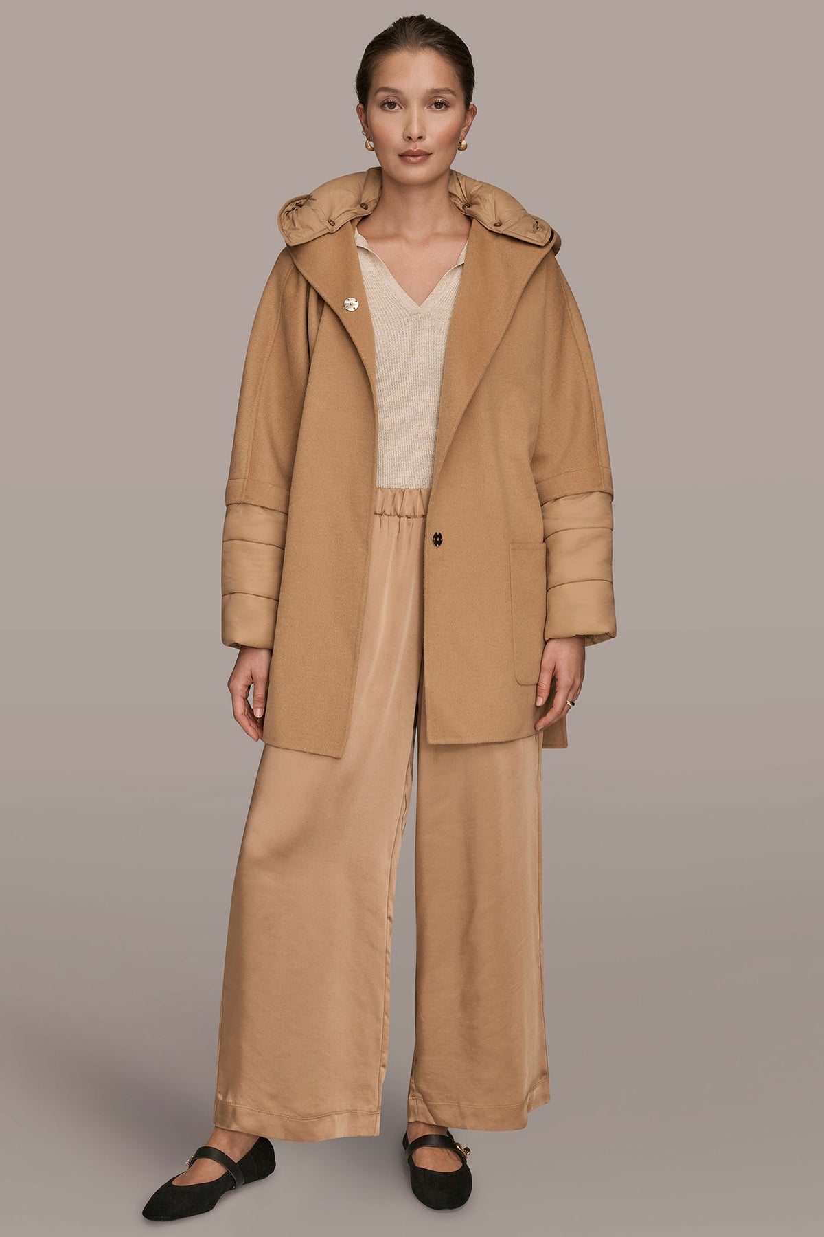 HOODED WOOL-BLEND CAPE COAT