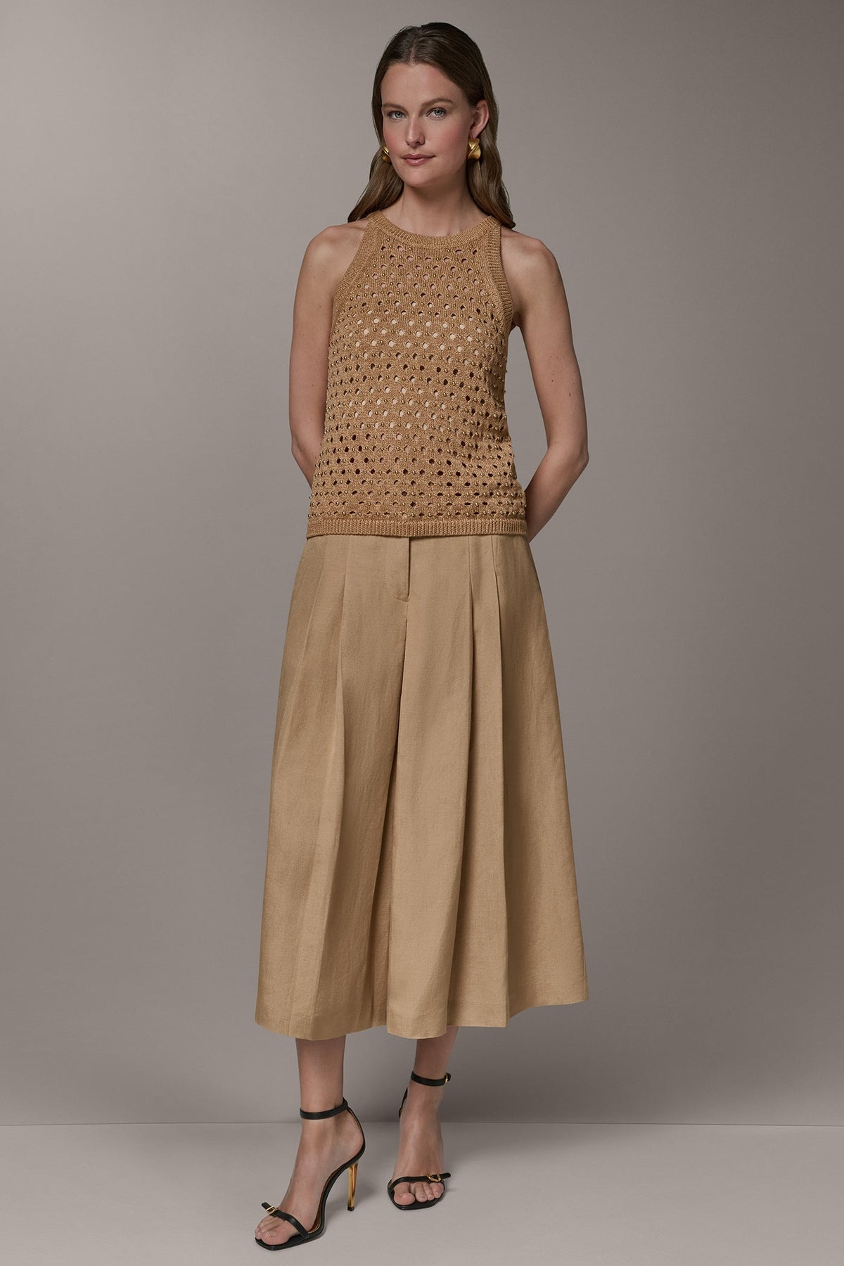 SLEEVELESS OPEN-STITCH HALTER SWEATER
