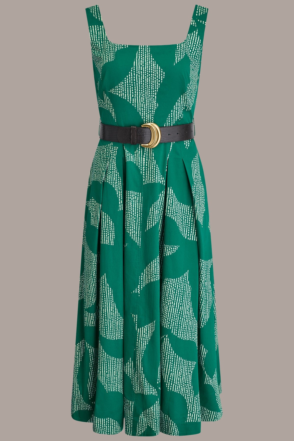 STRETCH COTTON-POPLIN PRINTED PLEATED MIDI A-LINE DRESS