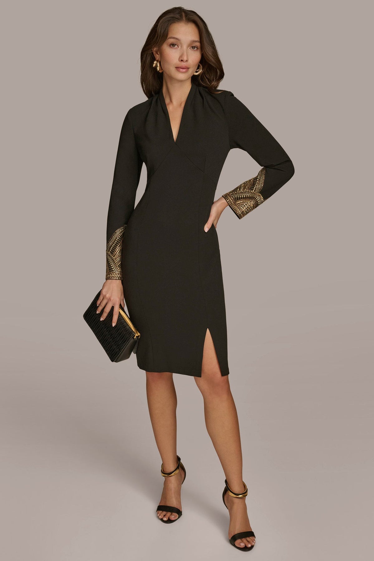 LONG SLEEVE V-NECK SHEATH DRESS