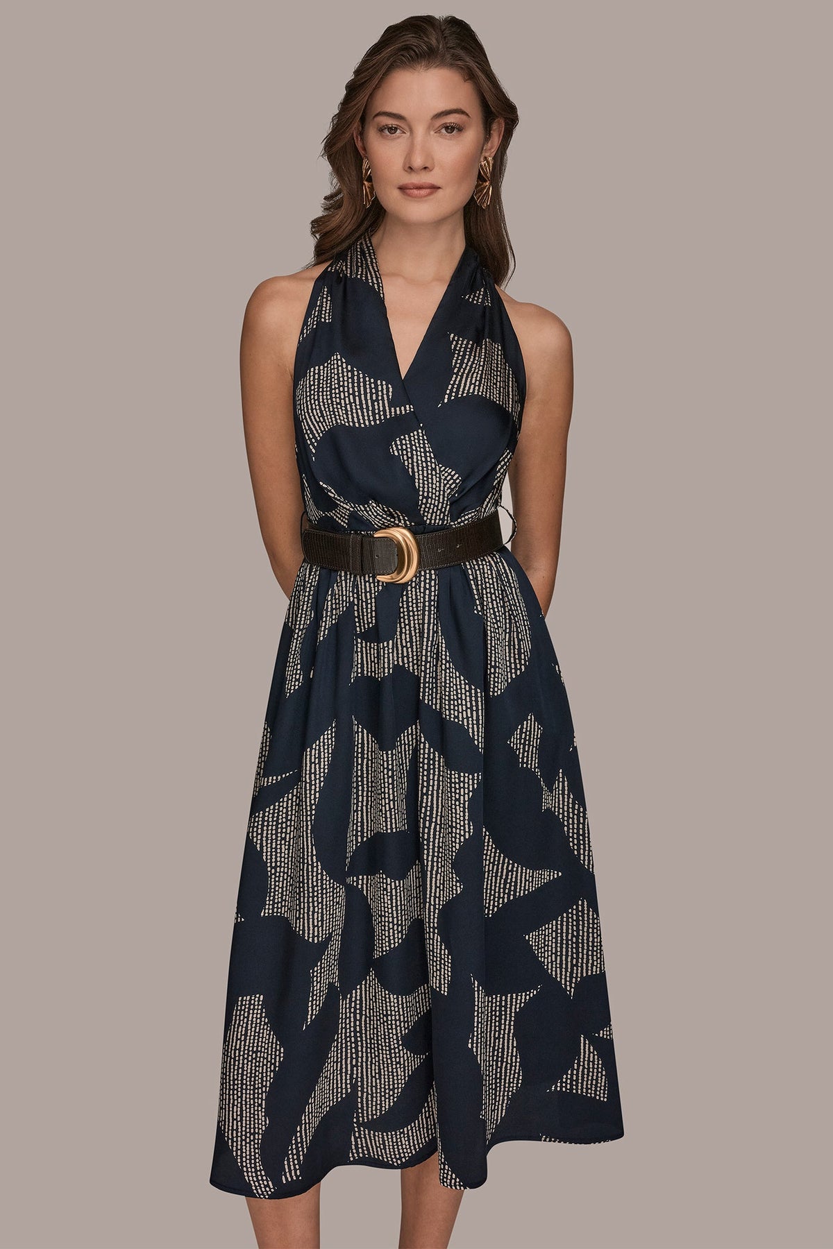 PRINTED WRAP MIDI HALTER DRESS