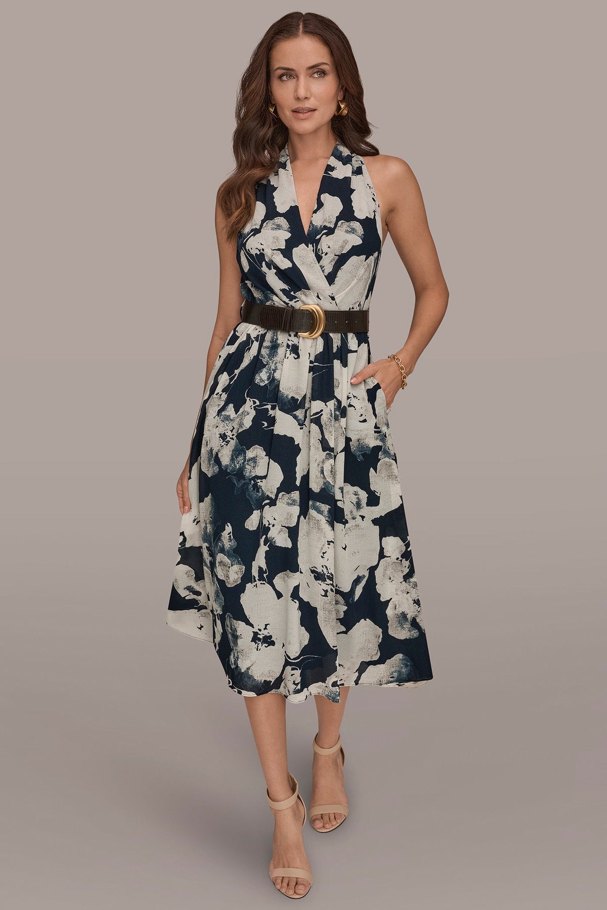 CHIFFON FLORAL MIDI HALTER DRESS