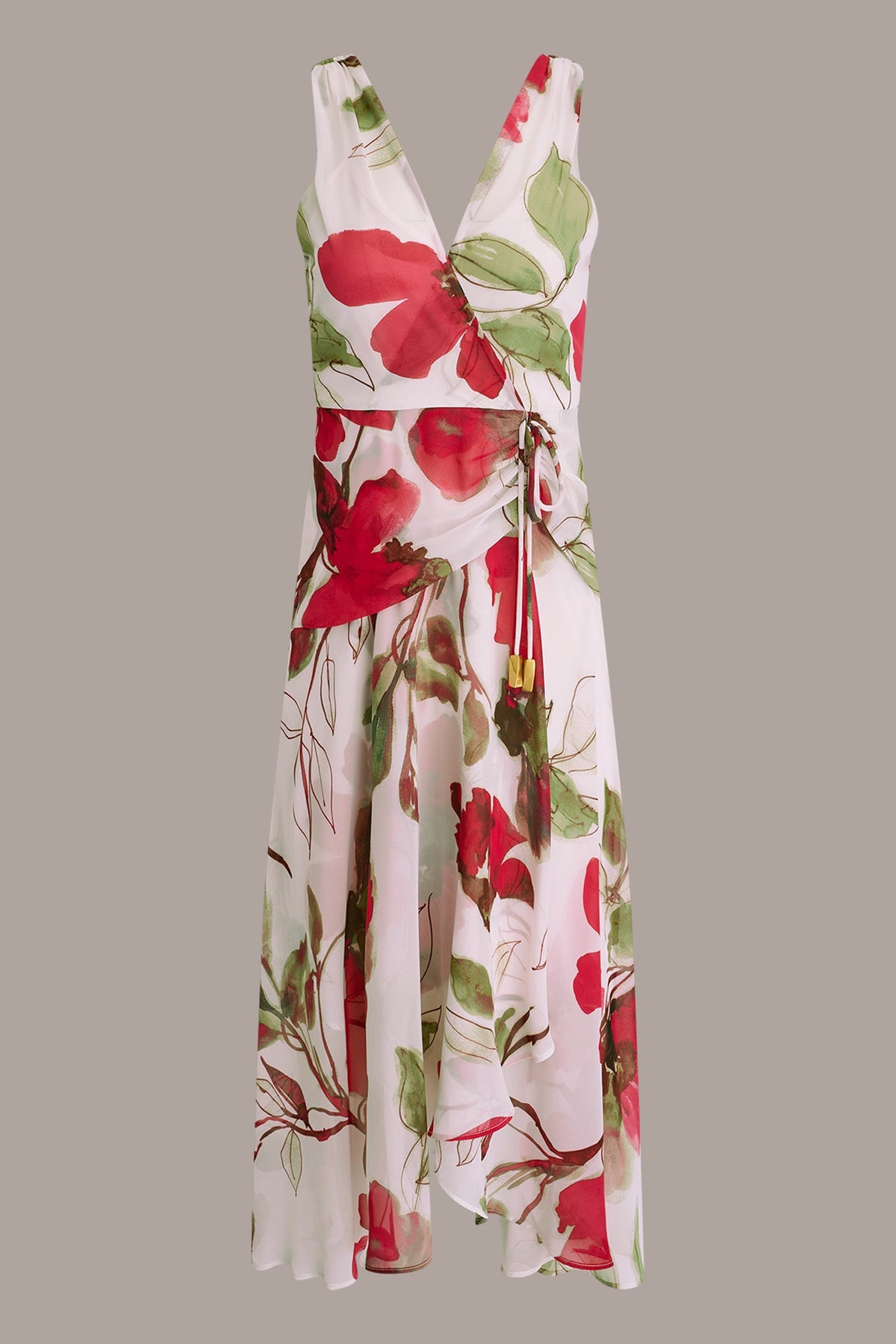 CHIFFON FLORAL WRAP MIDI A-LINE DRESS