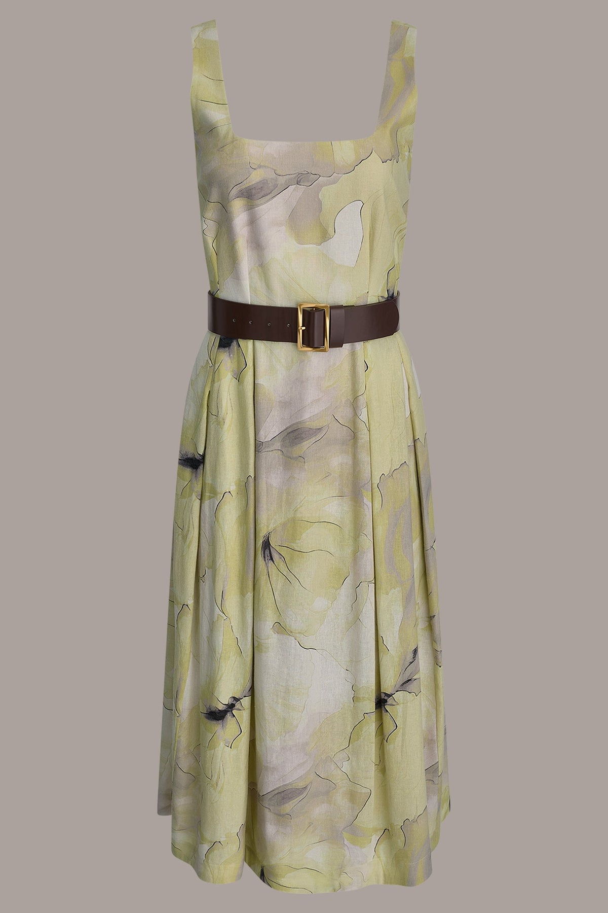 SLEEVELESS SQUARE NECK PRINTED BELTED MIDI FIT AND FLARE DRESS