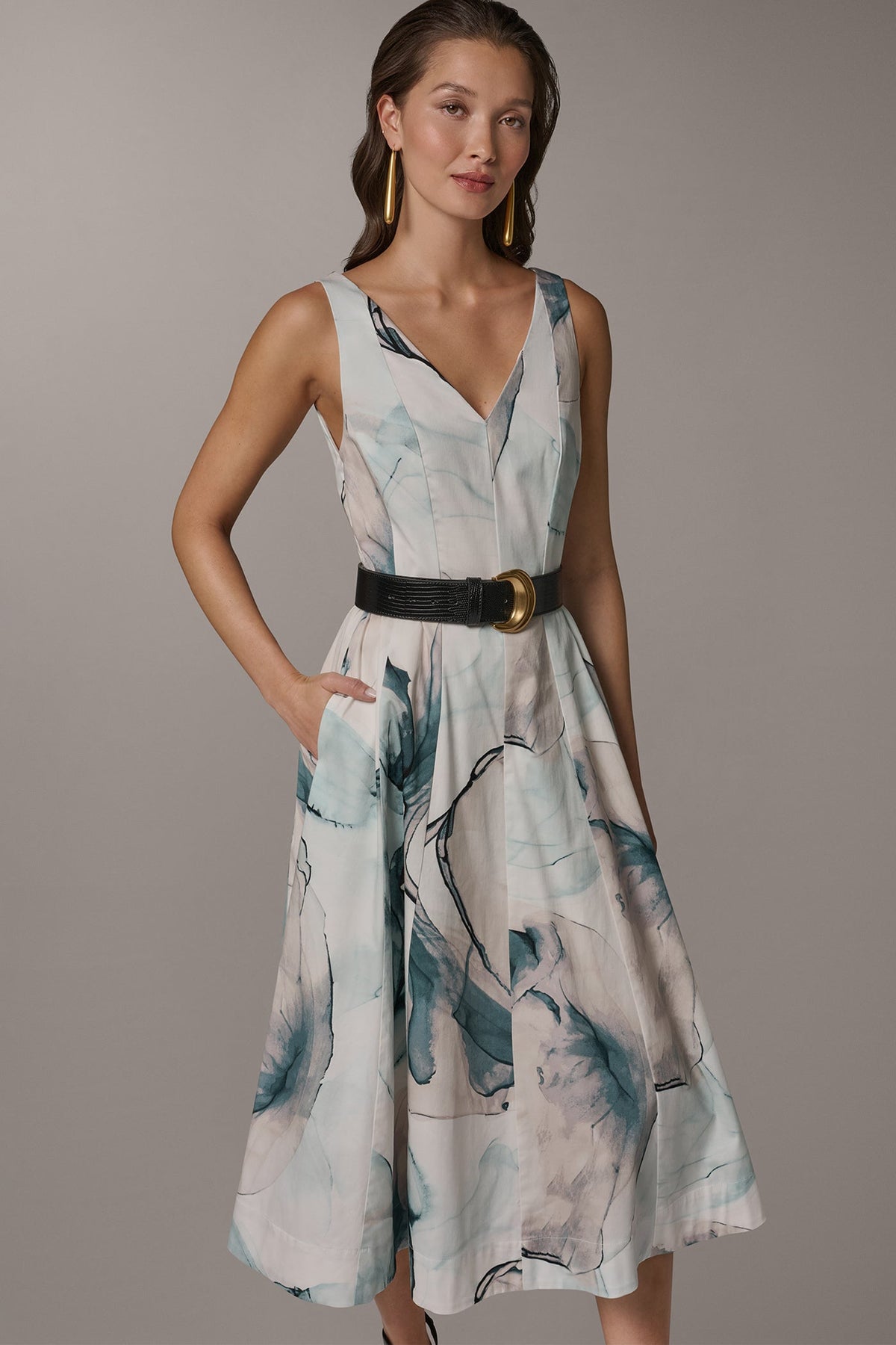 STRETCH-COTTON PRINTED MIDI FIT AND FLARE DRESS