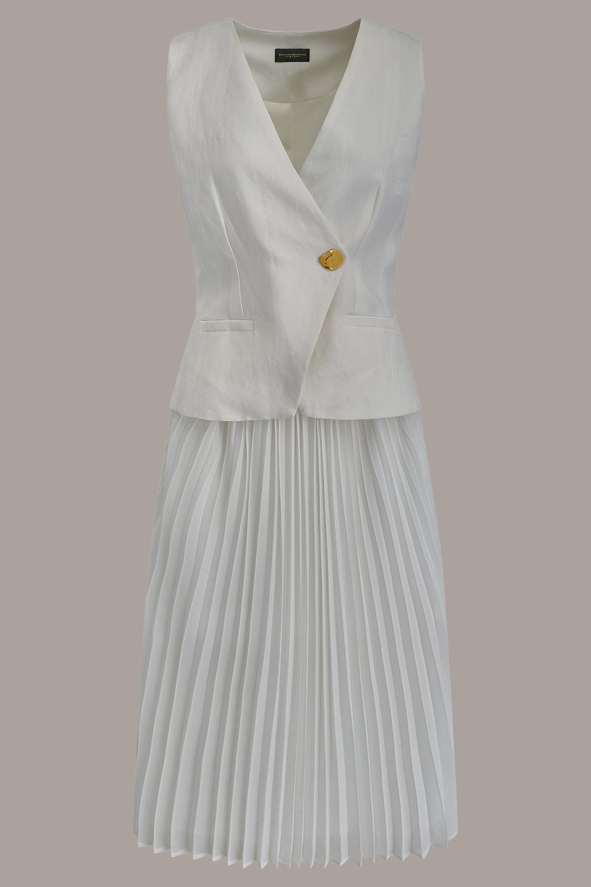 LINEN-BLEND MIXED MEDIA MIDI FIT AND FLARE DRESS