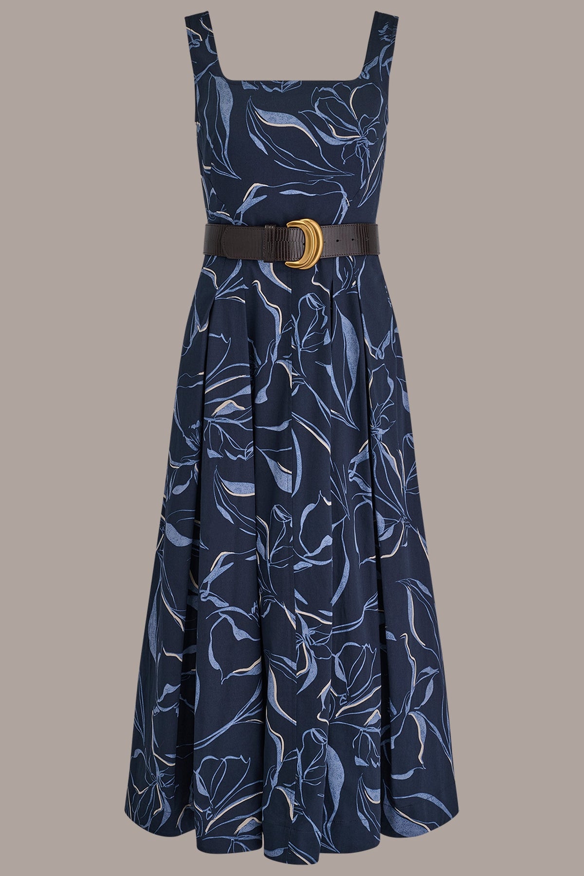 COTTON FLORAL SQUARE-NECK MIDI DRESS
