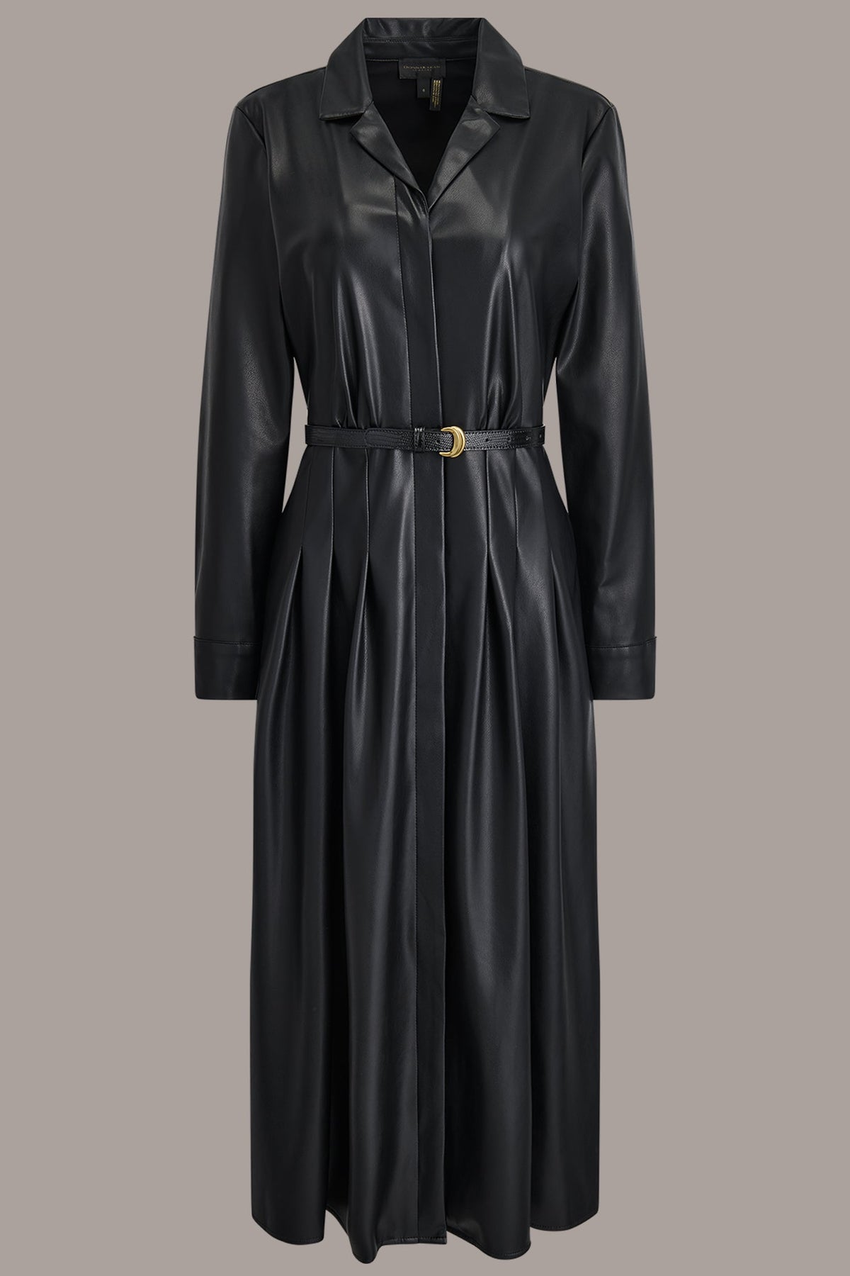 LONG SLEEVE FAUX LEATHER MIDI SHIRT DRESS