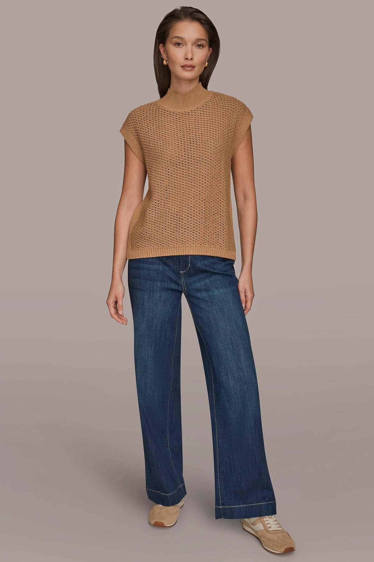 SLEEVELESS MOCK-NECK OPEN STITCH SWEATER