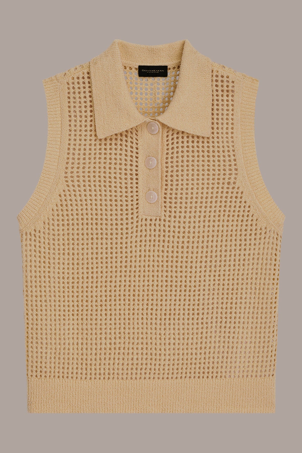 SLEEVELESS OPEN STITCH POLO SWEATER
