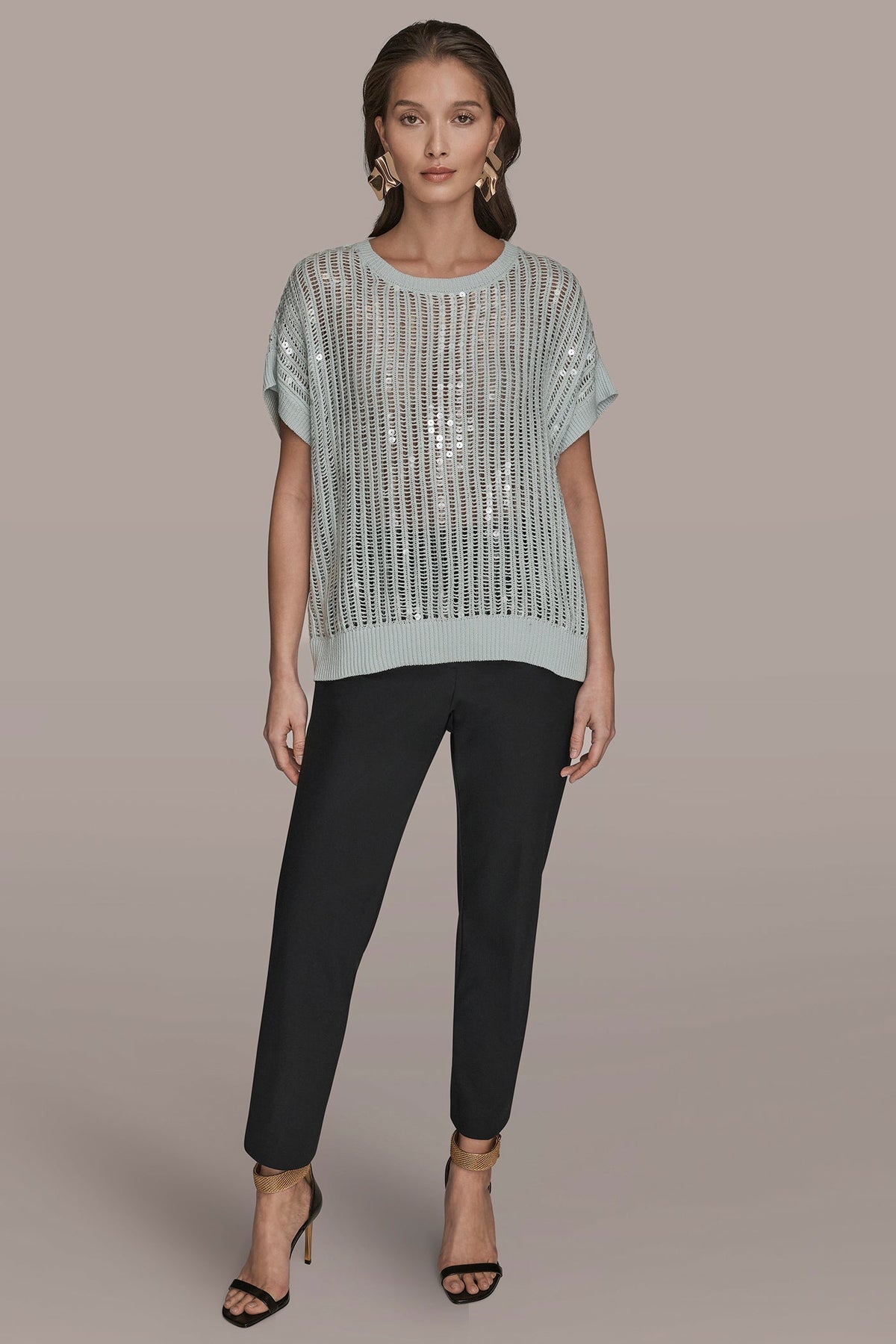 COTTON-BLEND SEQUIN OPEN-KNIT SWEATER