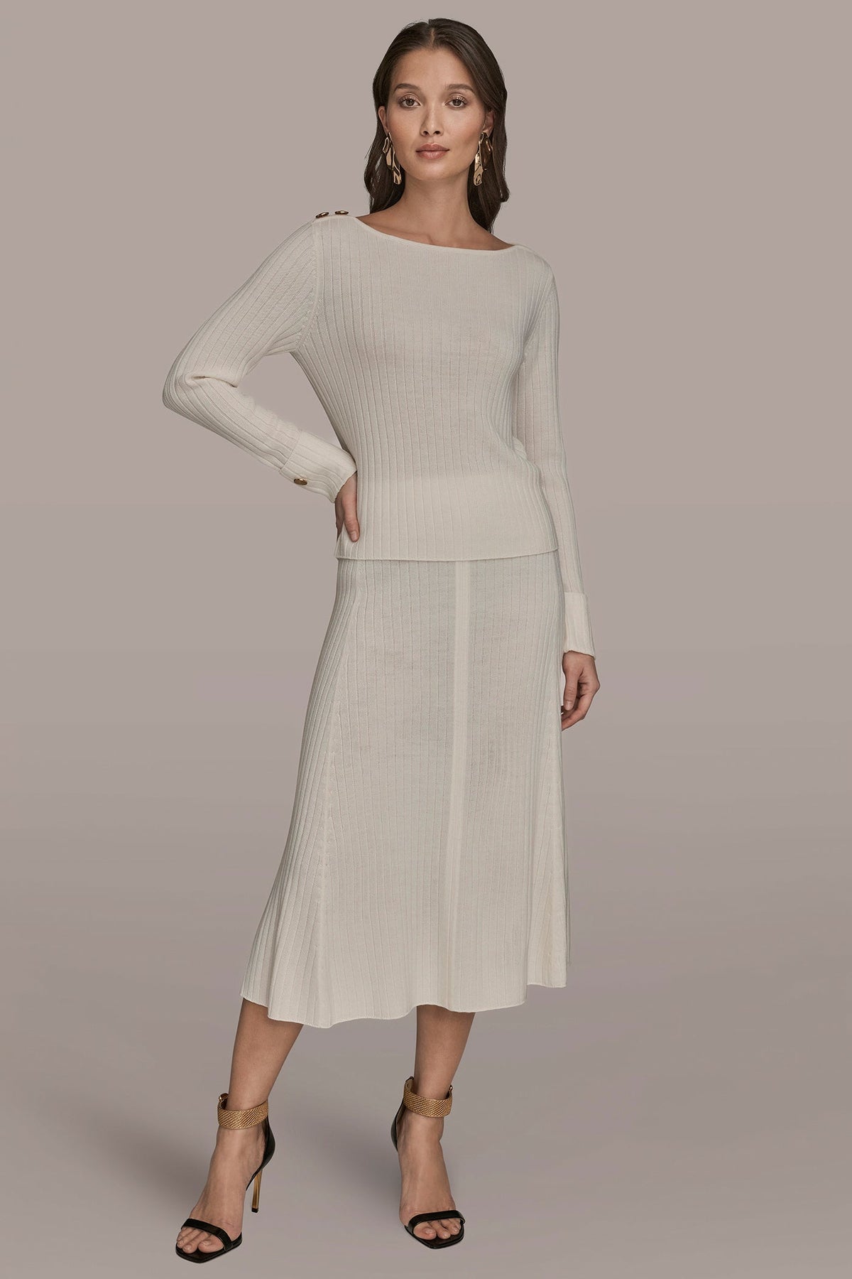 LONG SLEEVE BOATNECK RIBBED BUTTON SWEATER