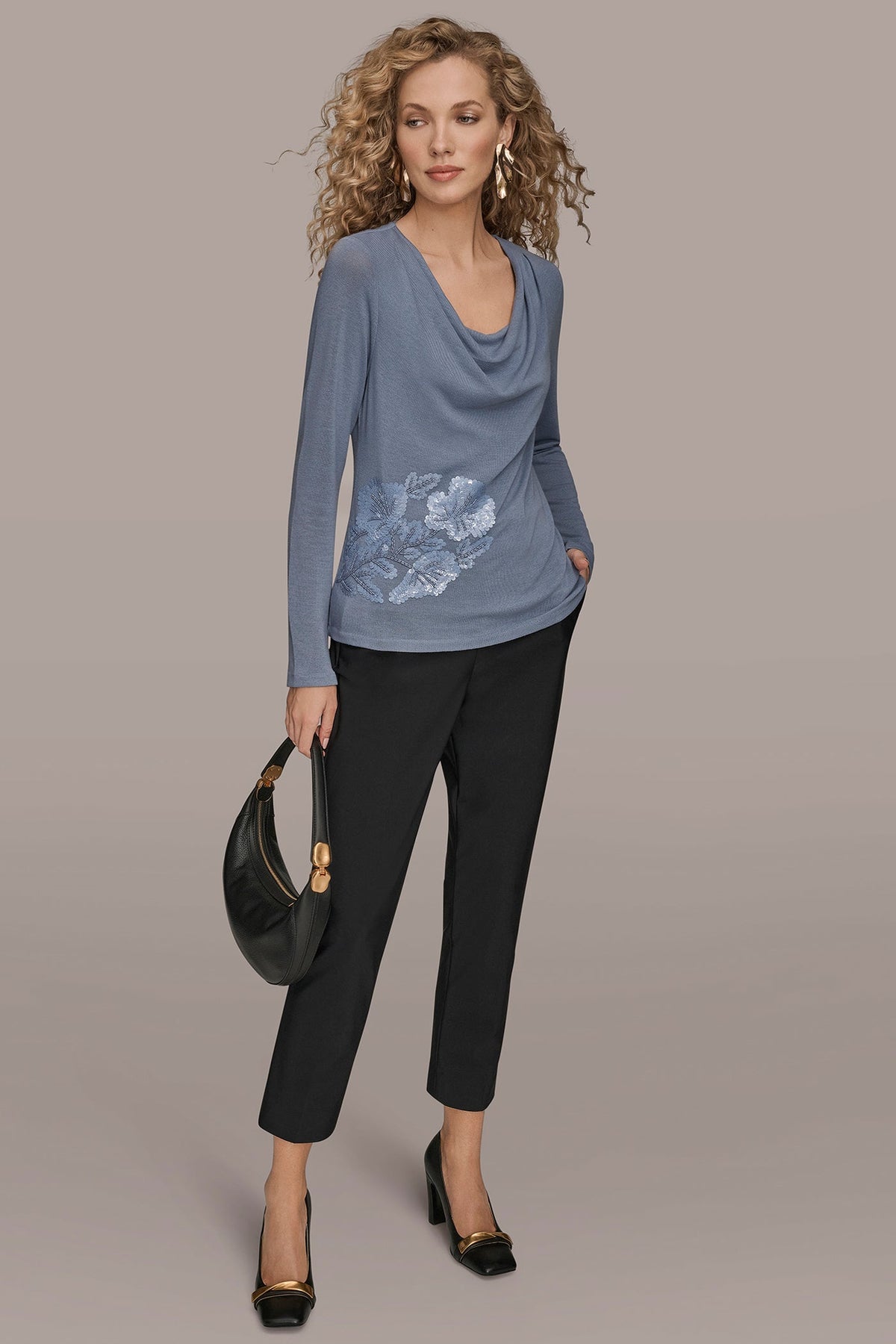 LONG-SLEEVE COWL-NECK FLORAL TOP