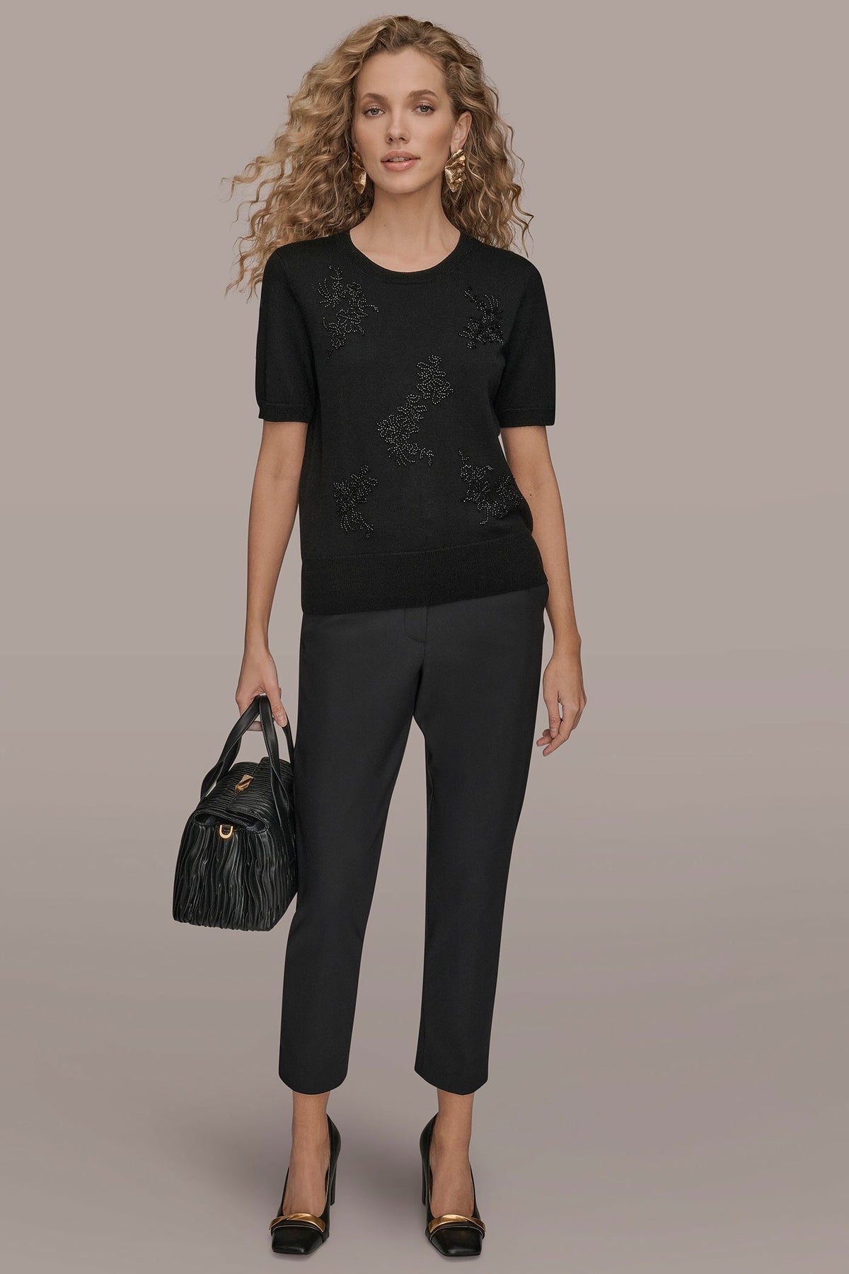 SHORT-SLEEVE FLORAL WOOL SWEATER