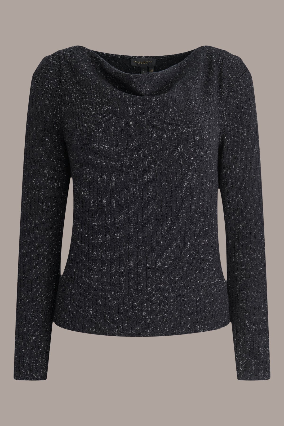 METALLIC COWL-NECK RIB-KNIT BLOUSE