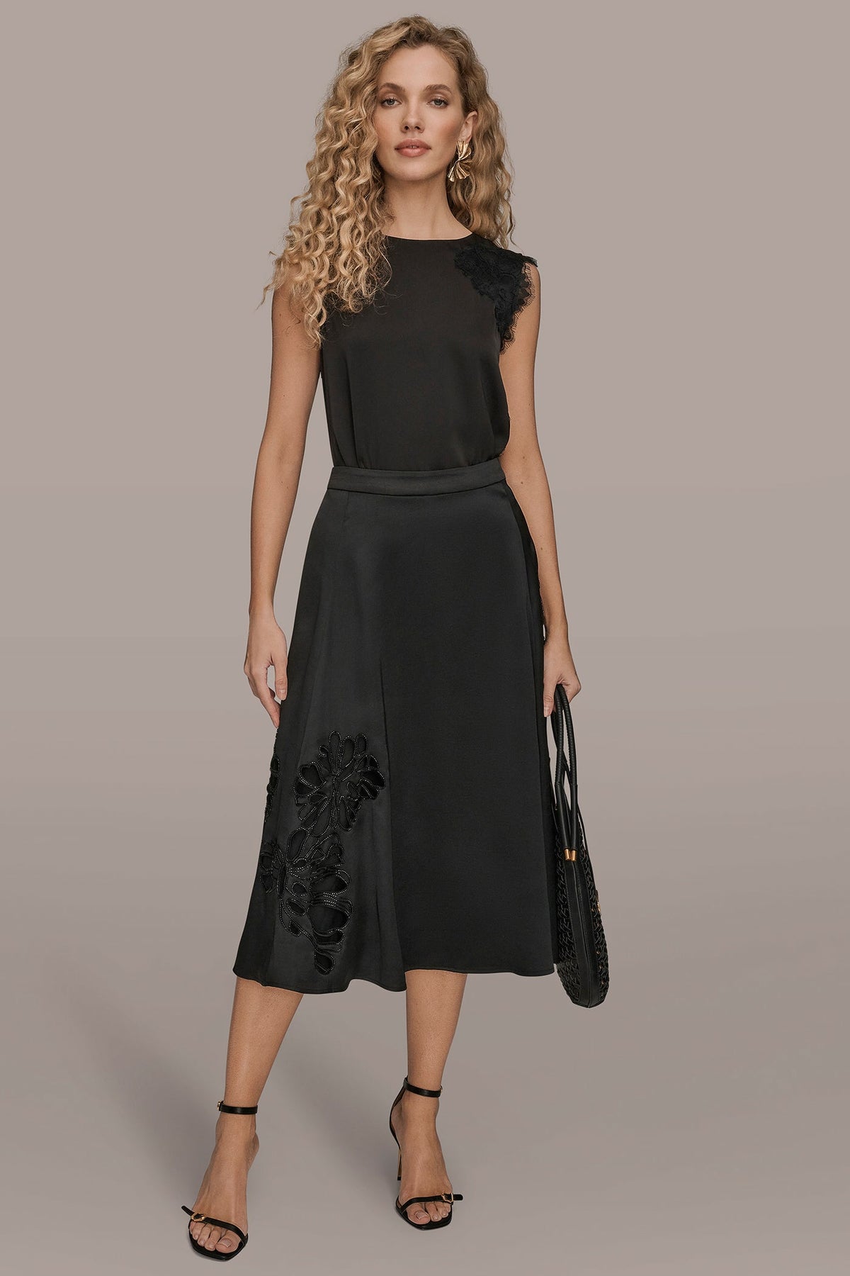 FLORAL-SEQUINED SATIN MIDI SKIRT