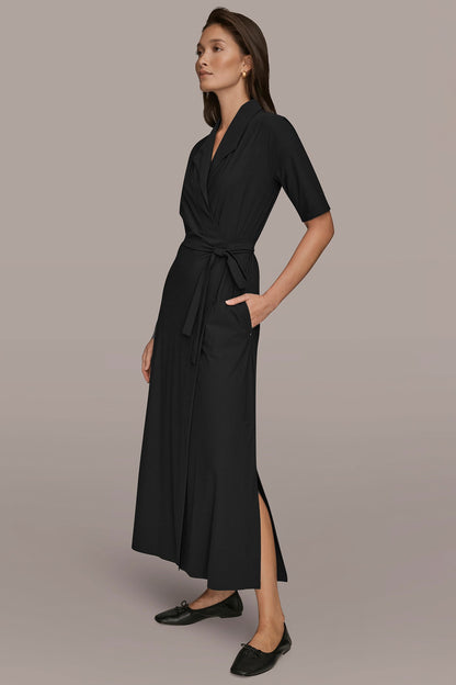 THE MODERN TRAVEL ELBOW-SLEEVE MIDI WRAP DRESS