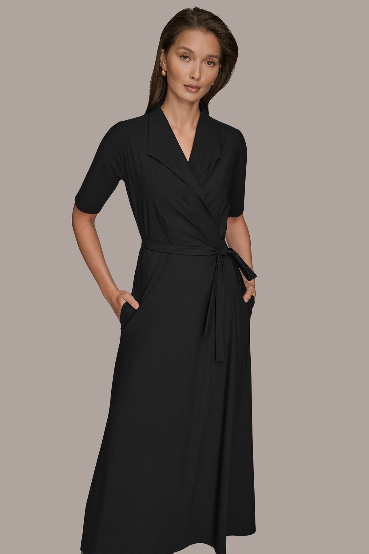 THE MODERN TRAVEL ELBOW-SLEEVE MIDI WRAP DRESS
