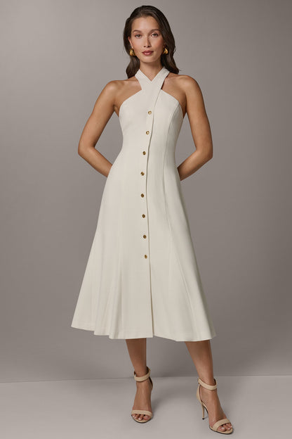 SLEEVELESS CROSS-FRONT MIDI HALTER DRESS