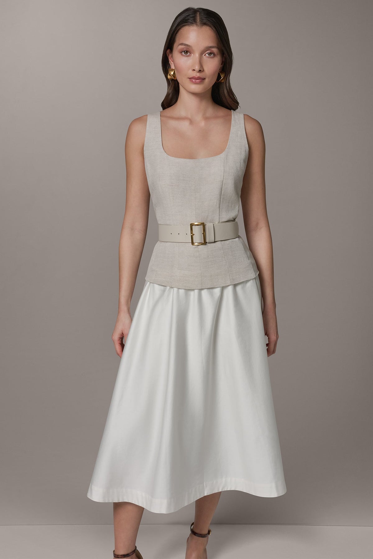 SLEEVELESS MIDI FIT AND FLARE DRESS