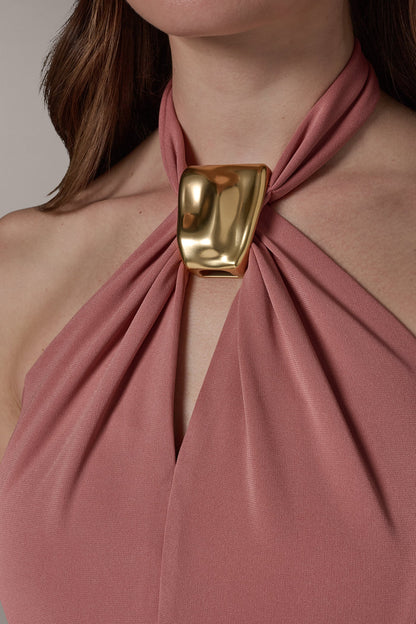SLEEVELESS MIDI A-LINE HALTER DRESS