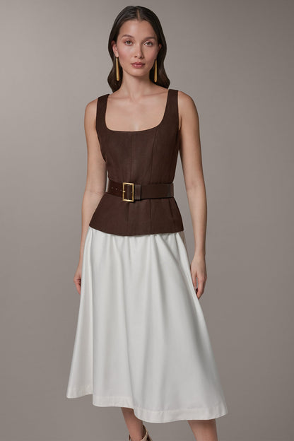 SLEEVELESS MIDI FIT AND FLARE DRESS