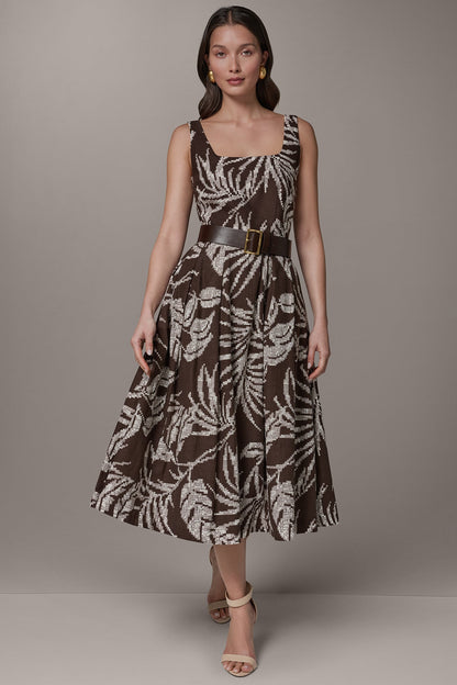 SLEEVELESS SQUARE NECK PRINTED BELTED MIDI FIT AND FLARE DRESS