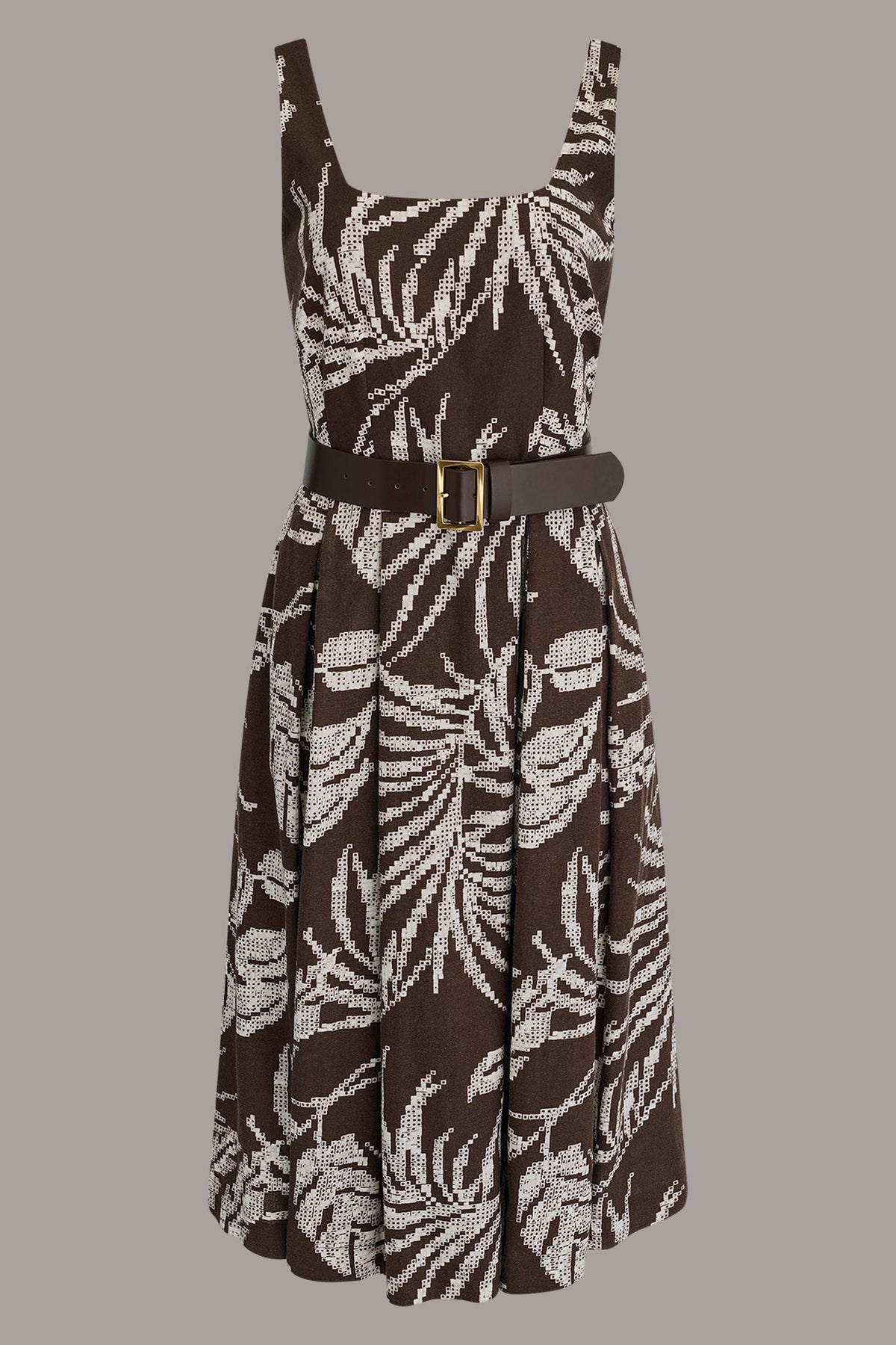 SLEEVELESS SQUARE NECK PRINTED BELTED MIDI FIT AND FLARE DRESS