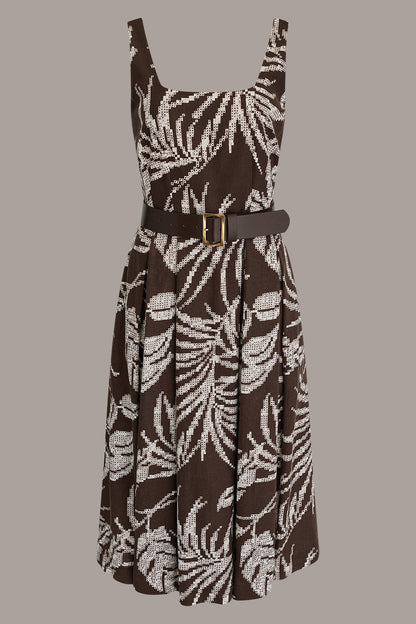 SLEEVELESS SQUARE NECK PRINTED BELTED MIDI FIT AND FLARE DRESS