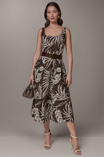 SLEEVELESS SQUARE NECK PRINTED BELTED MIDI FIT AND FLARE DRESS