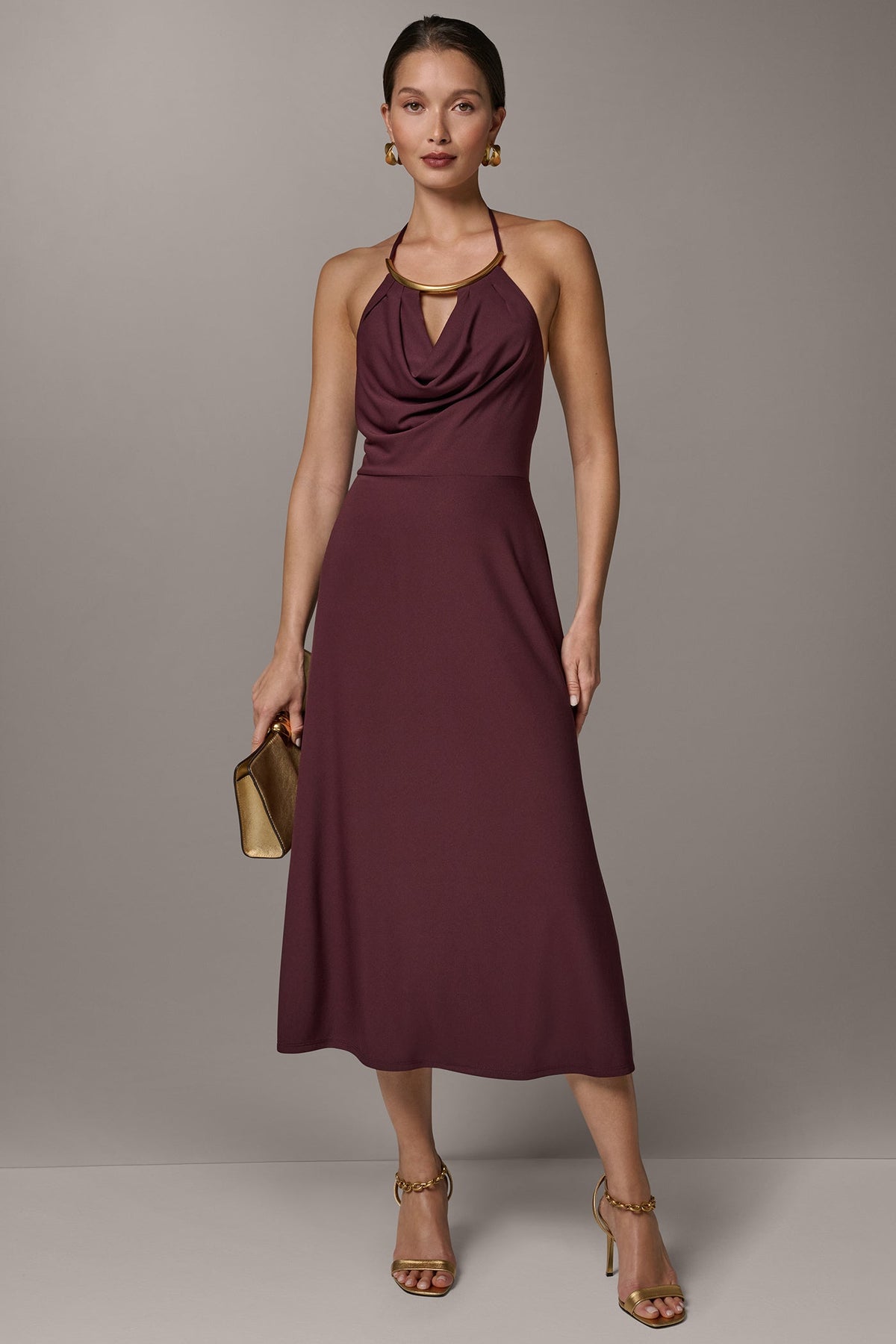 SLEEVELESS COWL NECK MIDI HALTER DRESS