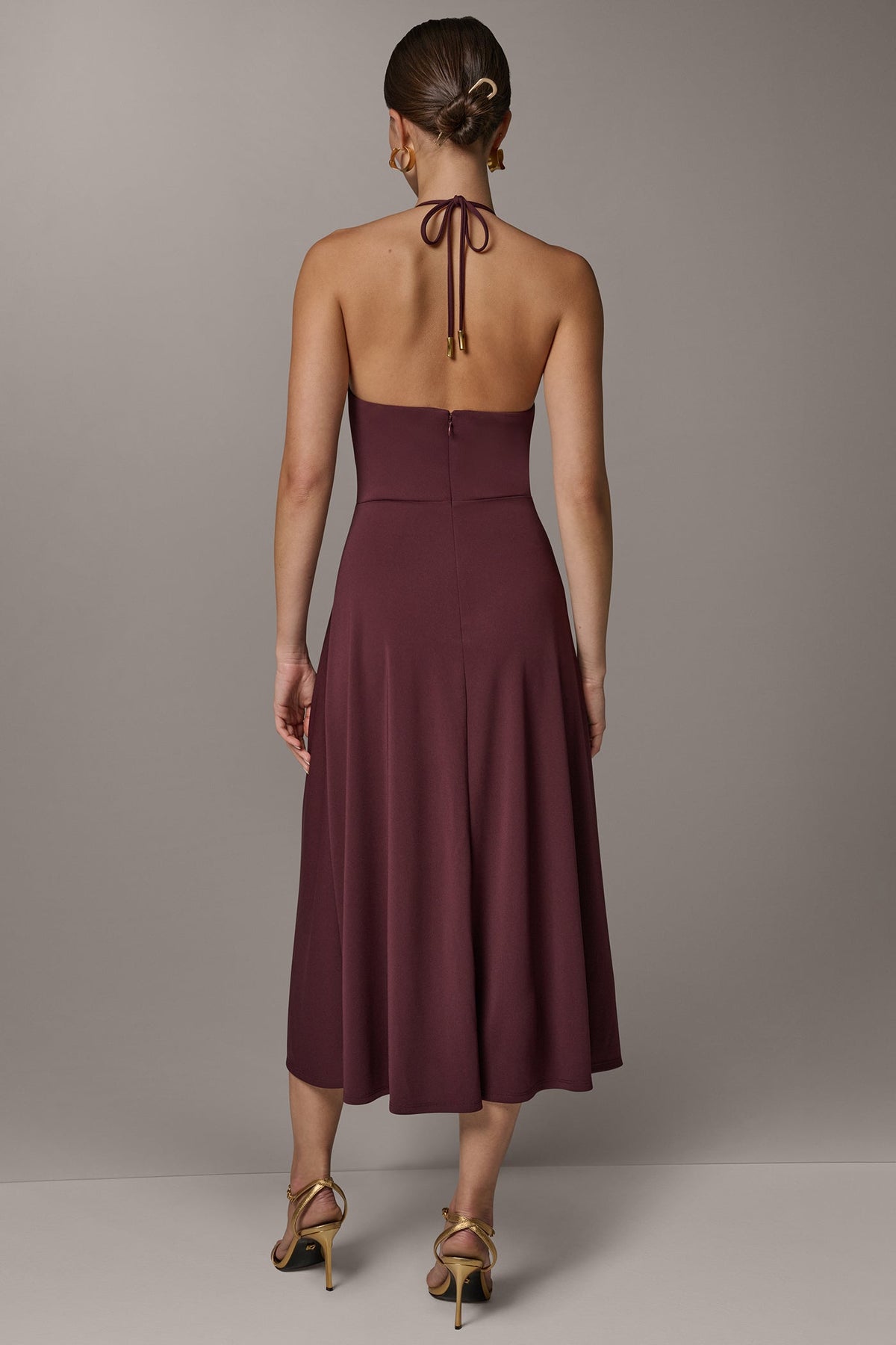SLEEVELESS COWL NECK MIDI HALTER DRESS