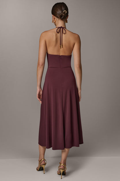 SLEEVELESS COWL NECK MIDI HALTER DRESS