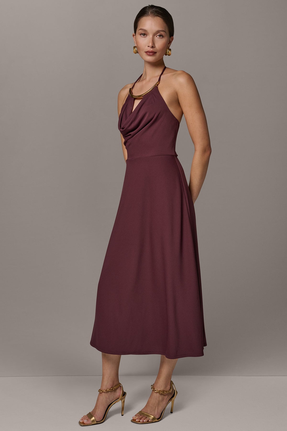 SLEEVELESS COWL NECK MIDI HALTER DRESS