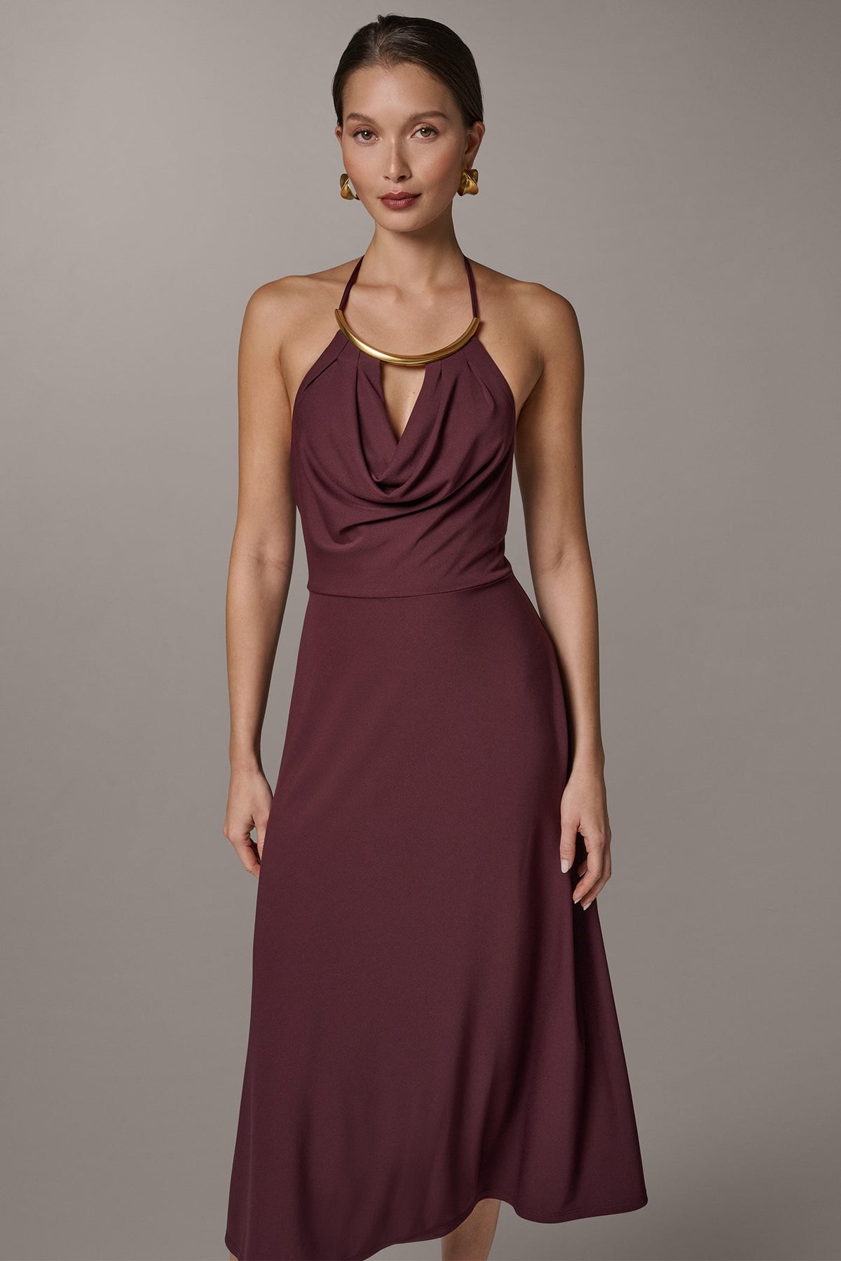SLEEVELESS COWL NECK MIDI HALTER DRESS