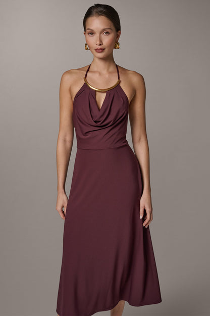 SLEEVELESS COWL NECK MIDI HALTER DRESS