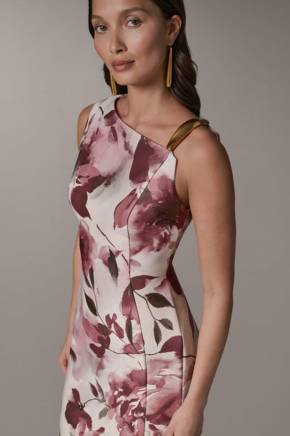 SLEEVELESS ASYMMETRIC FLORAL MIDI SHEATH DRESS