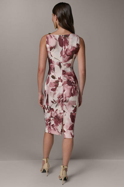 SLEEVELESS ASYMMETRIC FLORAL MIDI SHEATH DRESS