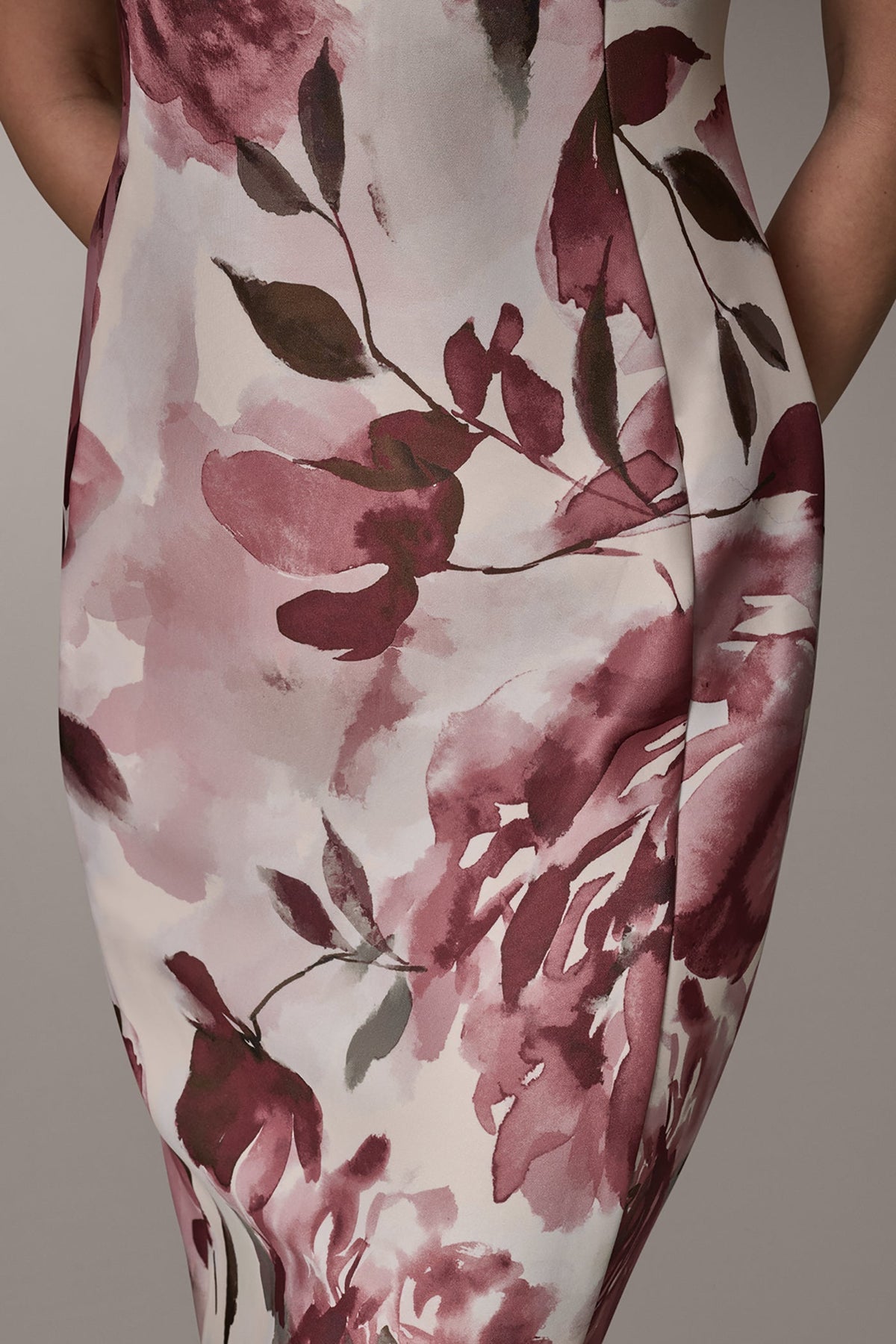 SLEEVELESS ASYMMETRIC FLORAL MIDI SHEATH DRESS