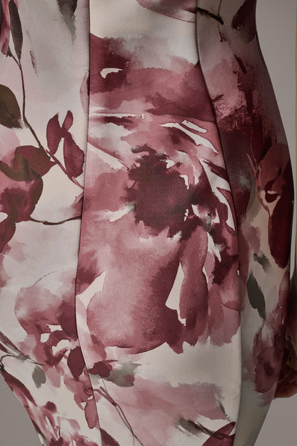 SLEEVELESS ASYMMETRIC FLORAL MIDI SHEATH DRESS