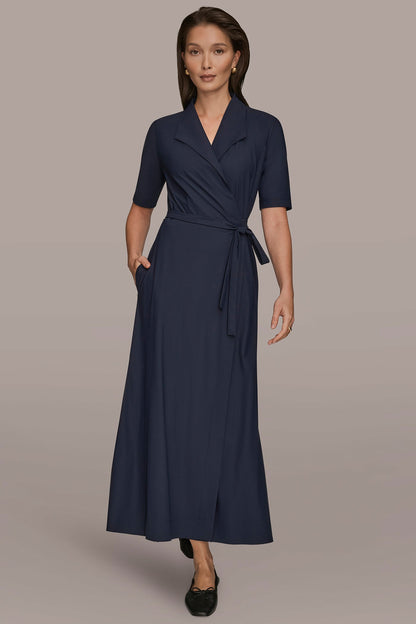 THE MODERN TRAVEL ELBOW-SLEEVE MIDI WRAP DRESS