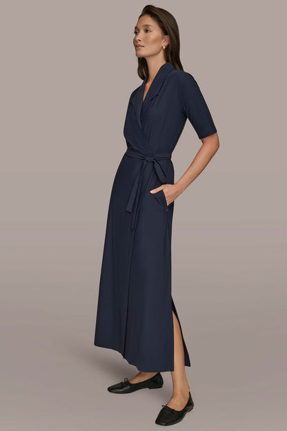 THE MODERN TRAVEL ELBOW-SLEEVE MIDI WRAP DRESS
