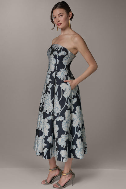 STRAPLESS MIDI FIT AND FLARE DRESS