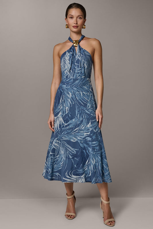 SLEEVELESS PRINT MIDI HALTER DRESS