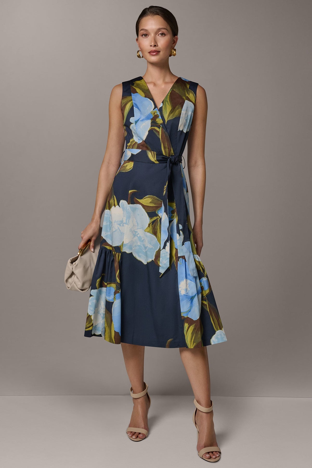 SLEEVELESS WRAP-EFFECT MIDI DRESS