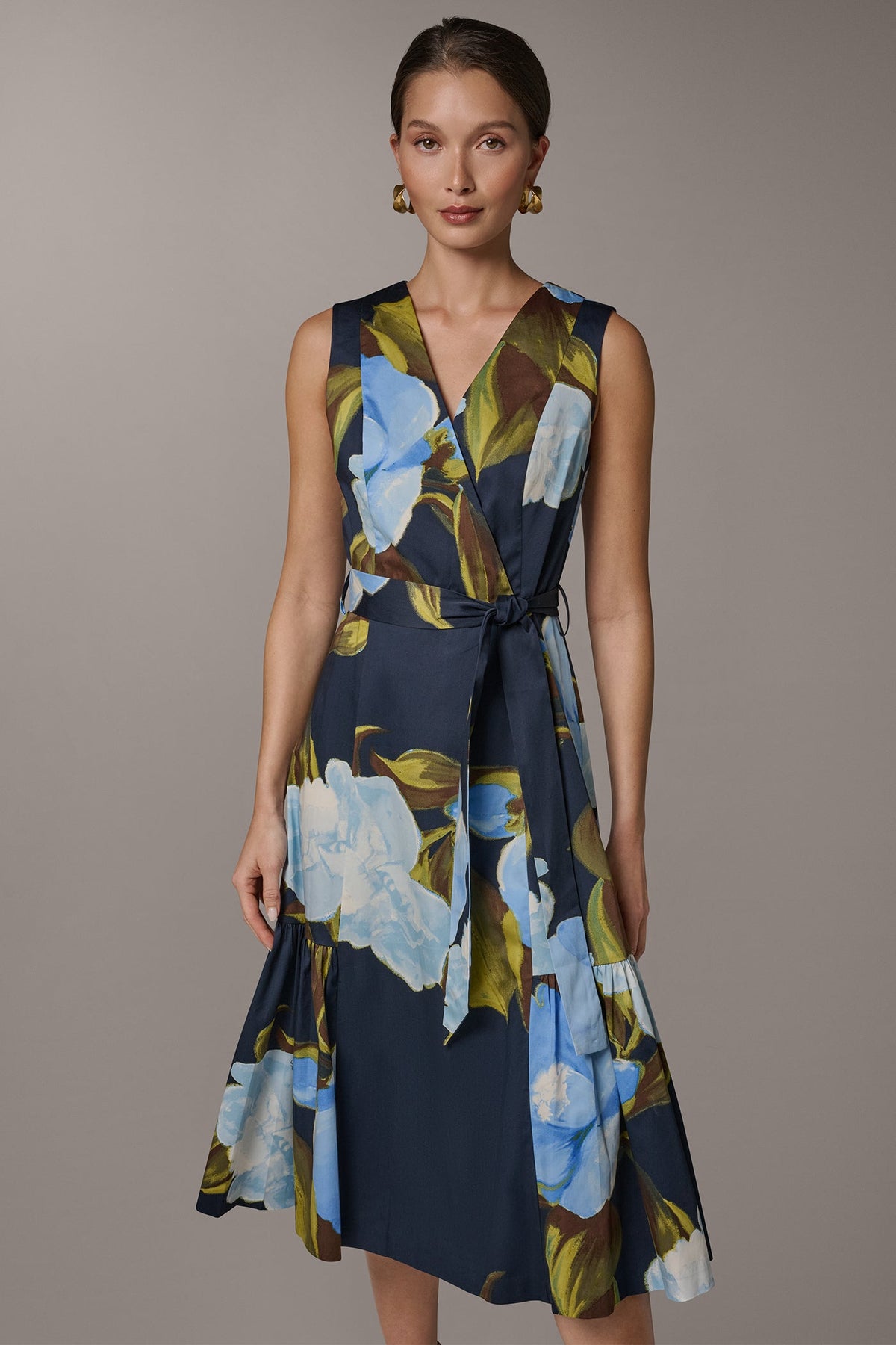 SLEEVELESS WRAP-EFFECT MIDI DRESS