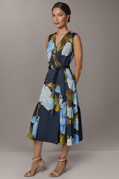 SLEEVELESS WRAP-EFFECT MIDI DRESS