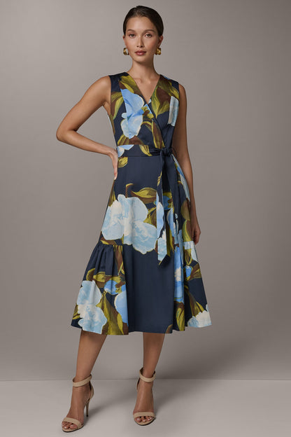 SLEEVELESS WRAP-EFFECT MIDI DRESS