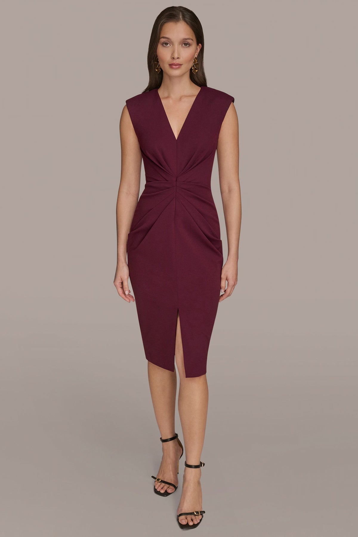 SLEEVELESS SPLIT-FRONT MIDI SHEATH DRESS
